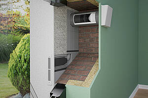 Der „Corner“-Außenabschluss führt die Zu- und Abluft über die Fensterlaibung und integriert das Außen­gitter bündig in die Fassadenebene. Bild: inVENTer