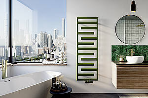 „Tetris“ mit Anschlussarmatur und Thermostatkopf in Heizkörperfarbe. Bild: Zehnder