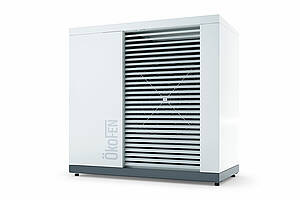 Wärmepumpe „GreenFOX 13/18“ in weiss-shadow passe den Betrieb automatisch an aktuelle Wetterbedingungen, CO₂-Daten und Strompreise an. Bild: Ökofen