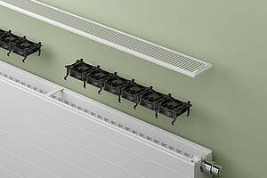 Aufgrund der Kombination aus x2-Technologie und integriertem Lüfter­system sorgt der Wärmepumpen-Heizkörper „x-flair“ für schnelle Erwärmung und hohen Wärmekomfort ab 35 °C Vorlauftemperatur. Bild: Kermi