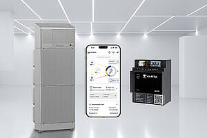 „VARTA.wall BM2“ mit modular aufgebautem Batteriespeicher, Energiemanagement „VARTA.iq“ (App-Darstellung) und Kommunikationsschnittstelle für die Einbindung weiterer Systemkomponenten. Bild: VARTA