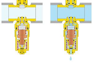 Frostschutzventile bieten einen passiven, stromlosen Schutz für außen aufgestellte Luft-Wasser-Wärmepumpen. Bei Temperaturen um den Gefrierpunkt öffnen die Ventile selbsttätig und entleeren gefährdete Anlagenteile. Bild: Caleffi