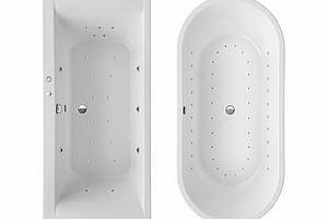 Links das Whirlpoolsystem „Harmony“ in einer eckigen Wanne, rechts „Light Silent“ mit Fernbedienung in einer frei stehenden Wanne. Bild: Duschwelten
