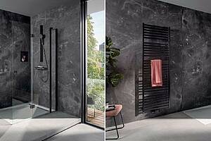 Mit der „Walk In Exklusiv 2.0“ mit Drehfalttür lässt sich eine großzügige Dusche auch in kleinen Badezimmern umsetzen. Ist die Dusche nicht in Benutzung, wird die Duschabtrennung einfach an die Wand geklappt. (HSK Duschkabinenbau)