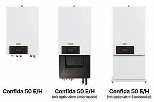 Die „Confida 50“ Inneneinheit gibt es als monoenergetische und als hybridoptimierte Variante, wahlweise auch mit Anschlusskit oder Standsockel. Bild: Remeha