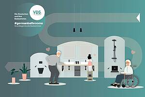 Die „Grundlagenstudie Badezimmer. #germanbathrooms“ zum Zustand der privaten Badezimmer in Deutschland fragt auch nach dem Stellenwert einer barrierearmen Badgestaltung. Die Illustration leitet im gedruckten Band das Kapitel zur Barrierefreiheit ein. (Björn Steinmetzler; VDS)
