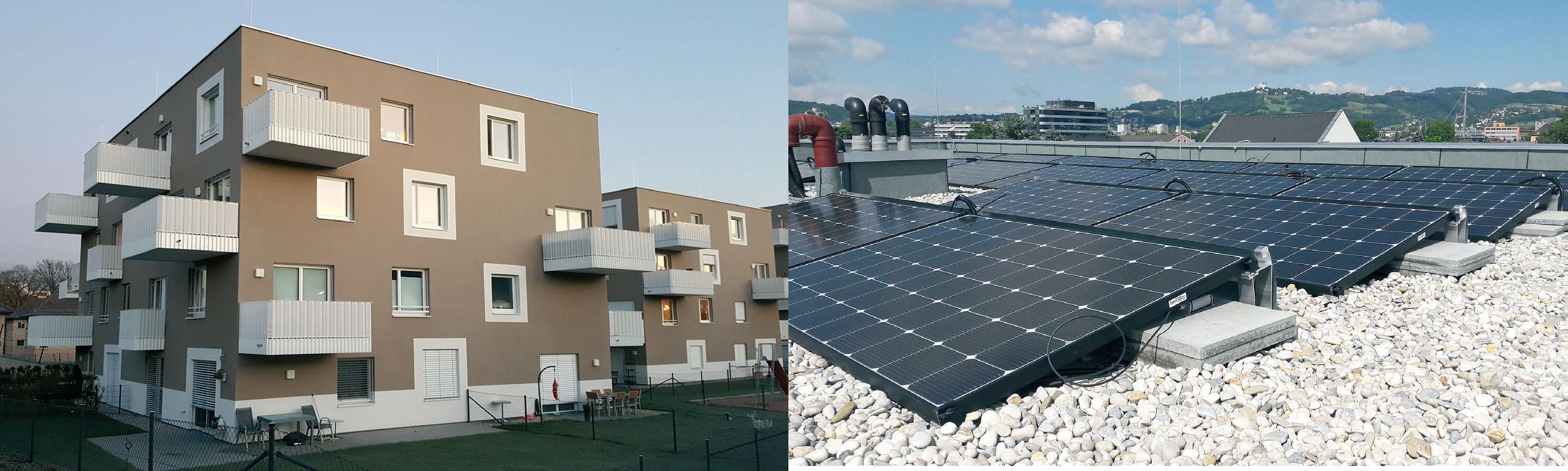 Dieses Mehrfamilienhaus mit 14 Wohneinheiten nutzt seit Ende 2019 PV-Strom für die Warmwasserbereitung. Dazu wurde für jede Wohneinheit eine 1,36 kWp PV-Einzelanlage installiert. Weil die Warmwasserbereitung dezentral in den einzelnen Wohnungen erfolgt, werden Energieverluste durch Zirkulationsleitungen vermieden.