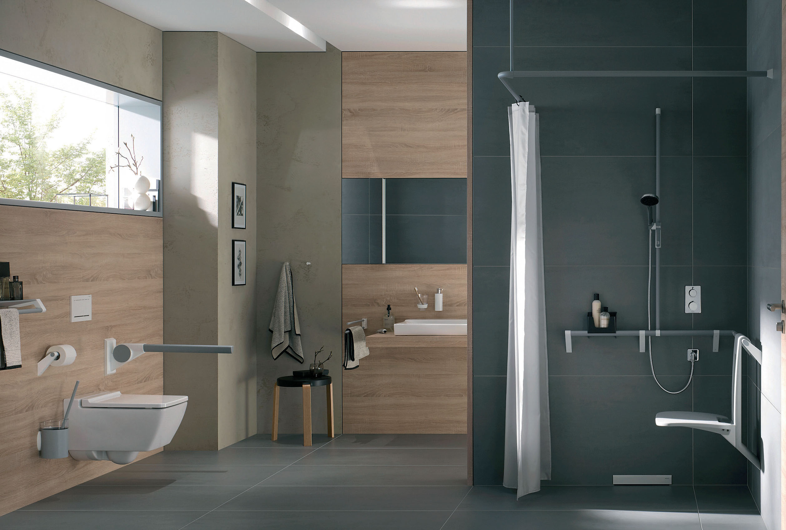 Barrierefreie Sanitärräume lassen sich auch mit aktuellen Designansprüchen gestalten. So sind bei der FSB-Serie trendige Farbtöne und Oberflächen wie Aluminium für die Halte- und Griffstangen verfügbar. (FSB)