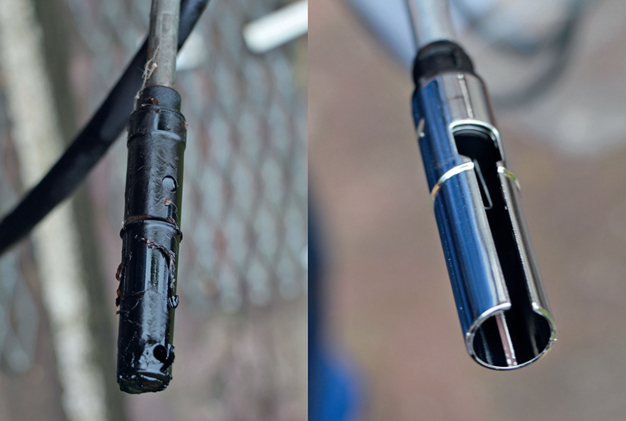 Grenzwertgeber mit verklebter gelochter Schutzhülse (l.) und Grenzwertgeber mit geschlitzter Schutzhülse. (IWO)