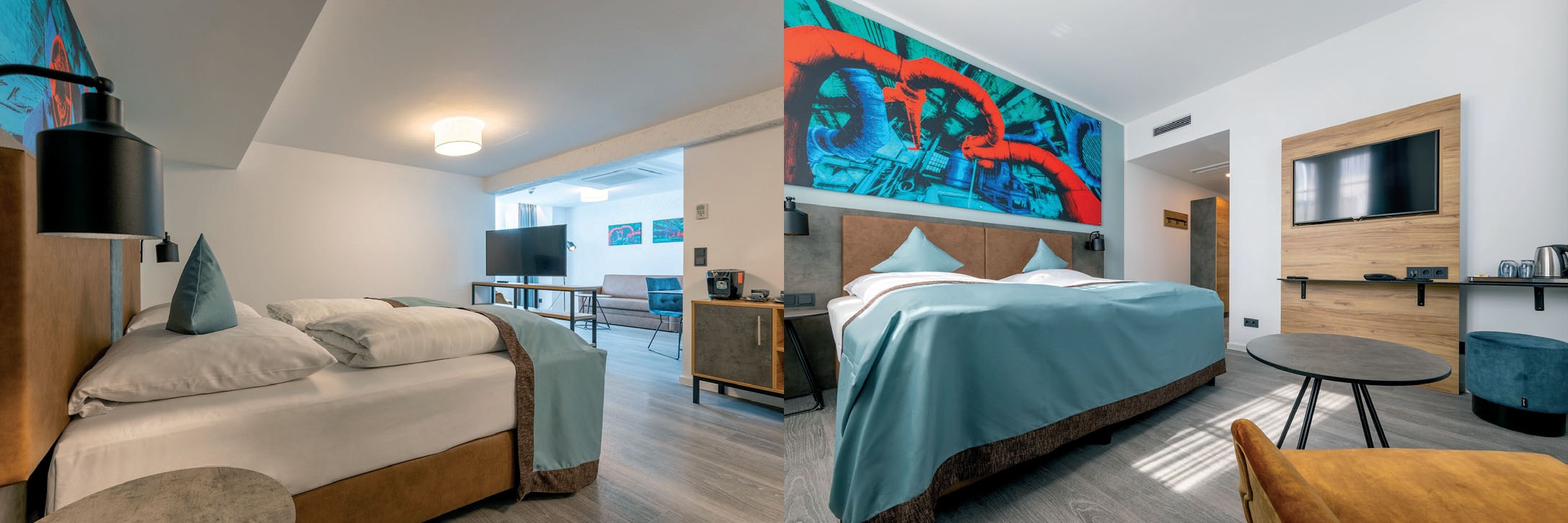 Farbenfroh: Die retro-modern gestalteten Zimmer und Apartments beleben die Vergangenheit und transportieren urbanes Feeling.