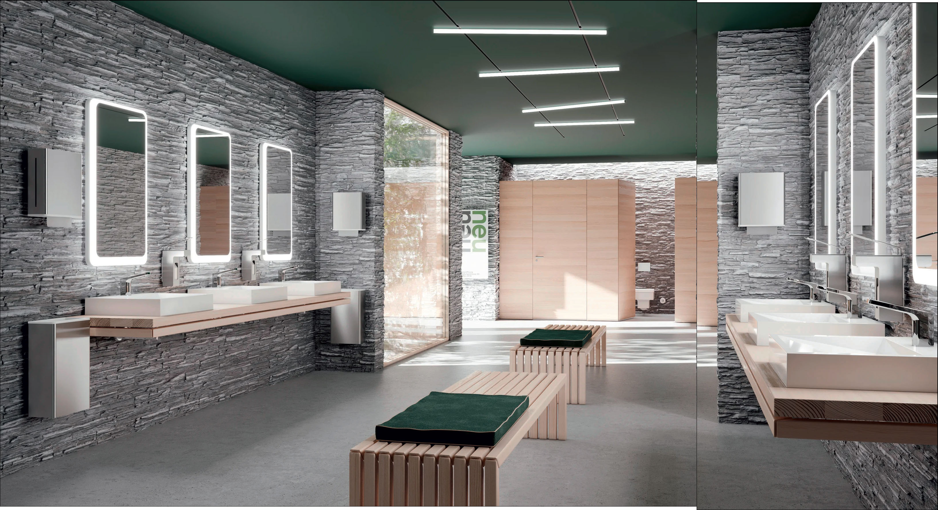 Funktionalität und einladende Optik bieten durchgängige Ausstattungskonzepte wie das „System900“ von HEWI. Neben Armaturen und Accessoires gehören auch Lichtspiegel dazu. (Hewi)