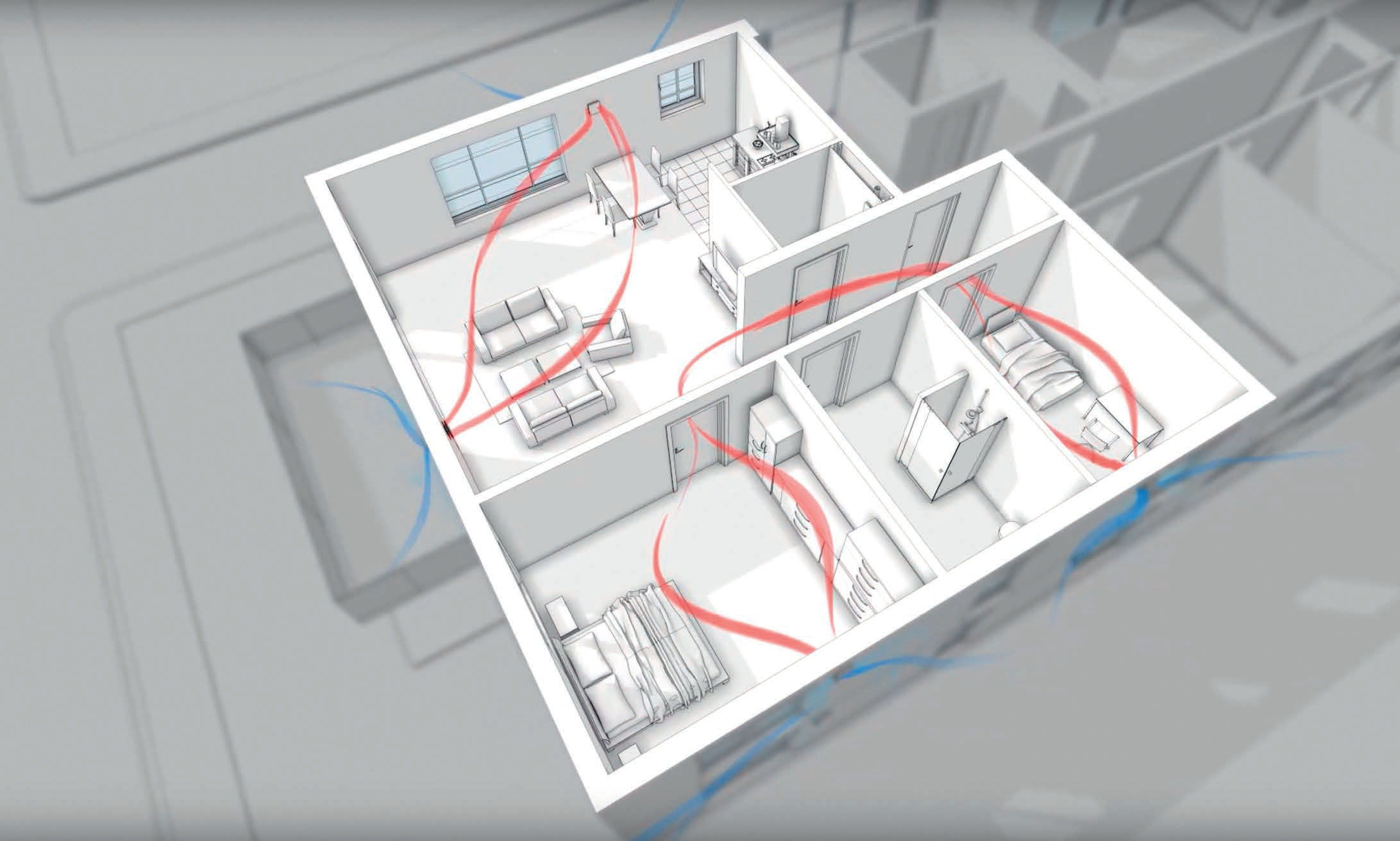 Dezentrale Lüftungsgeräte gewährleisten eine bedarfsgerechte Be- und Entlüftung, indem in jedem Wohn- und Aufenthaltsraum mindestens ein Lüftungsgerät installiert wird.