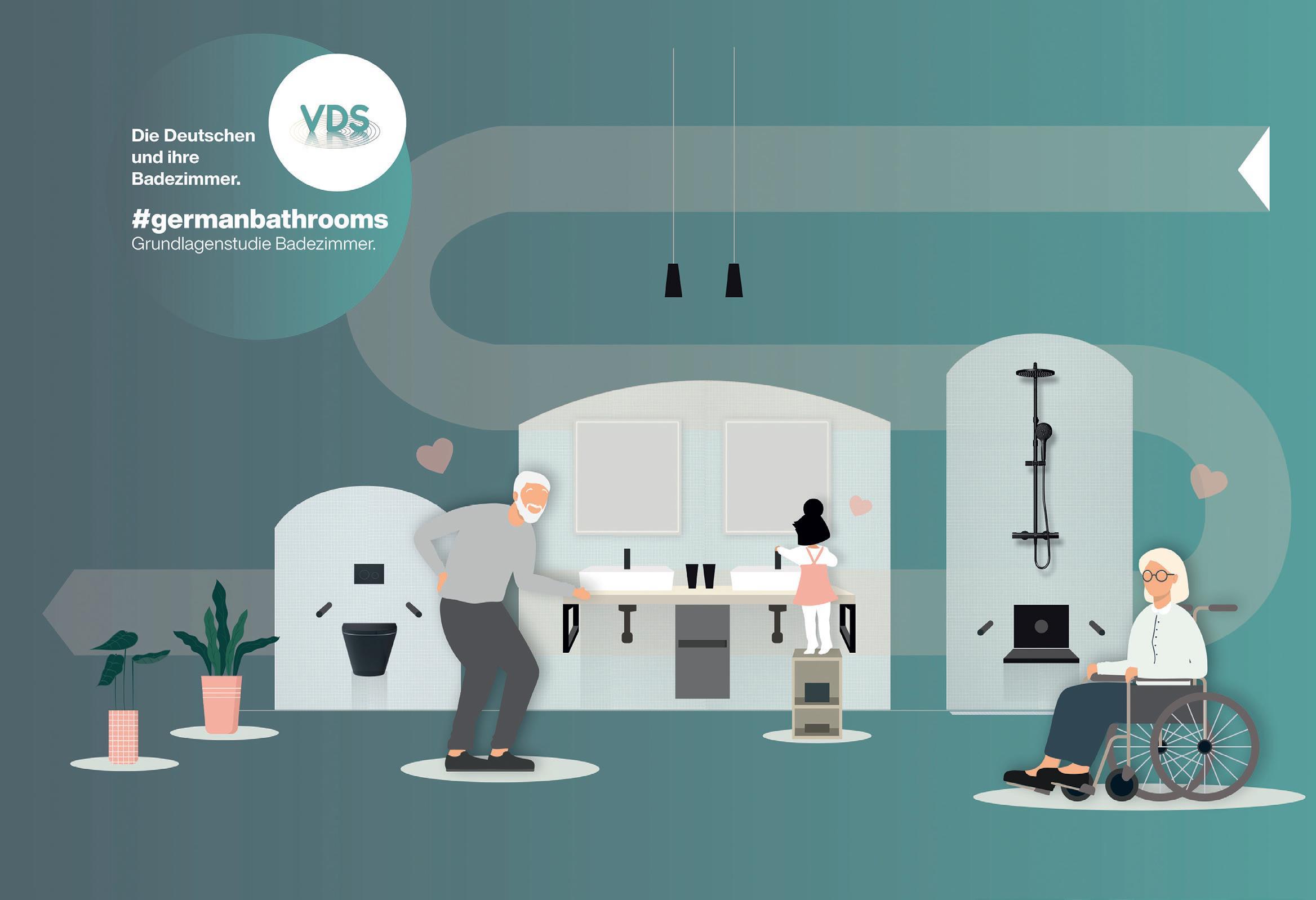 Die „Grundlagenstudie Badezimmer. #germanbathrooms“ zum Zustand der privaten Badezimmer in Deutschland fragt auch nach dem Stellenwert einer barrierearmen Badgestaltung. Die Illustration leitet im gedruckten Band das Kapitel zur Barrierefreiheit ein. (Björn Steinmetzler; VDS)