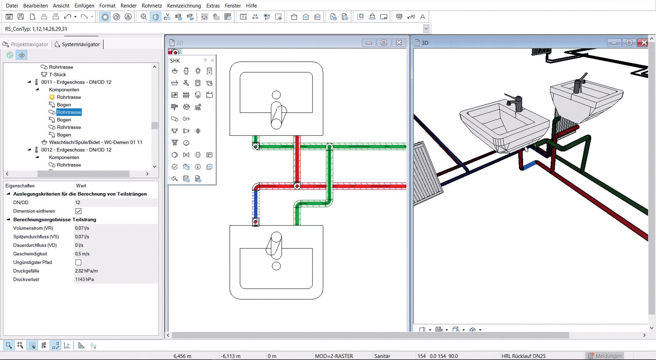 Navigator-Werkzeuge für HLS-Systeme stellen die Ergebnisse automatischer Berechnungen anschaulich dar. Funktions- und Arbeitsbereiche sind vollständig verknüpft, sodass beispielsweise nahtlos zwischen 2D- und 3D-Arbeitsbereich gewechselt werden kann. (Graphisoft)