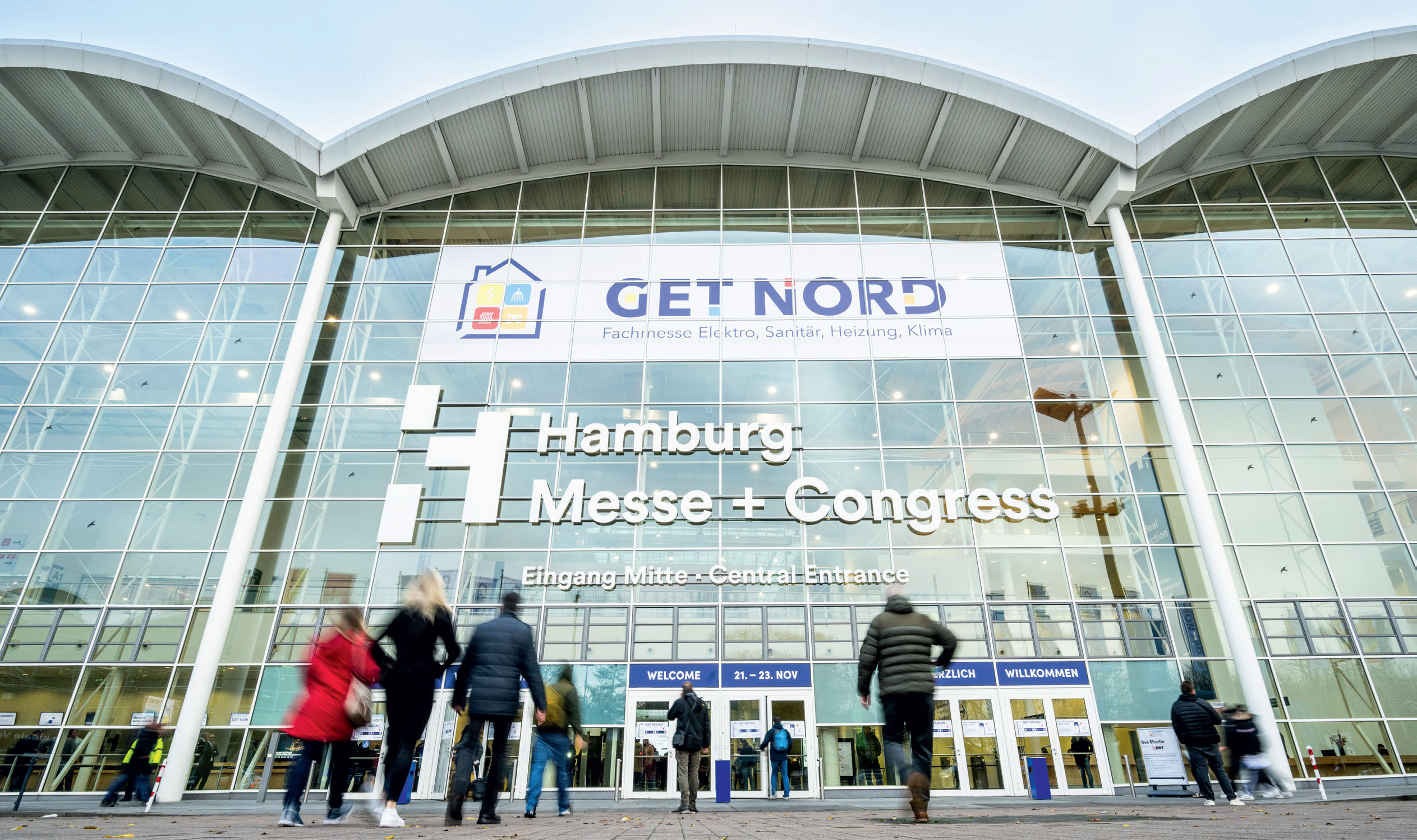 Die norddeutsche Fachmesse GET Nord findet vom 19. bis 21.11. in den Messehallen Hamburg statt. Die Messe kombiniert Elektro und SHK. Bild: Hamburg Messe und Congress/Romanus Fuhrmann