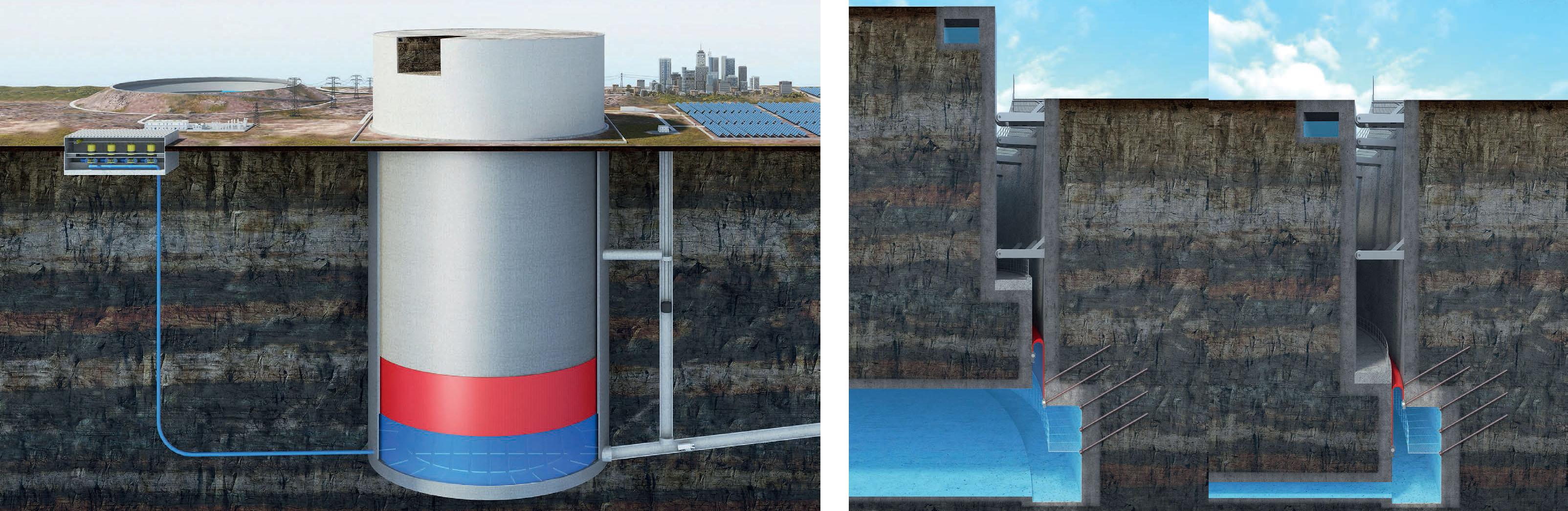 Turbinen, Pumpen, Generator und Transformator können über- oder unterirdisch in einer speziell gebauten Kaverne untergebracht werden. Die Anlagenteile werden ähnlich wie in Pumpspeicherkraftwerken eingesetzt.