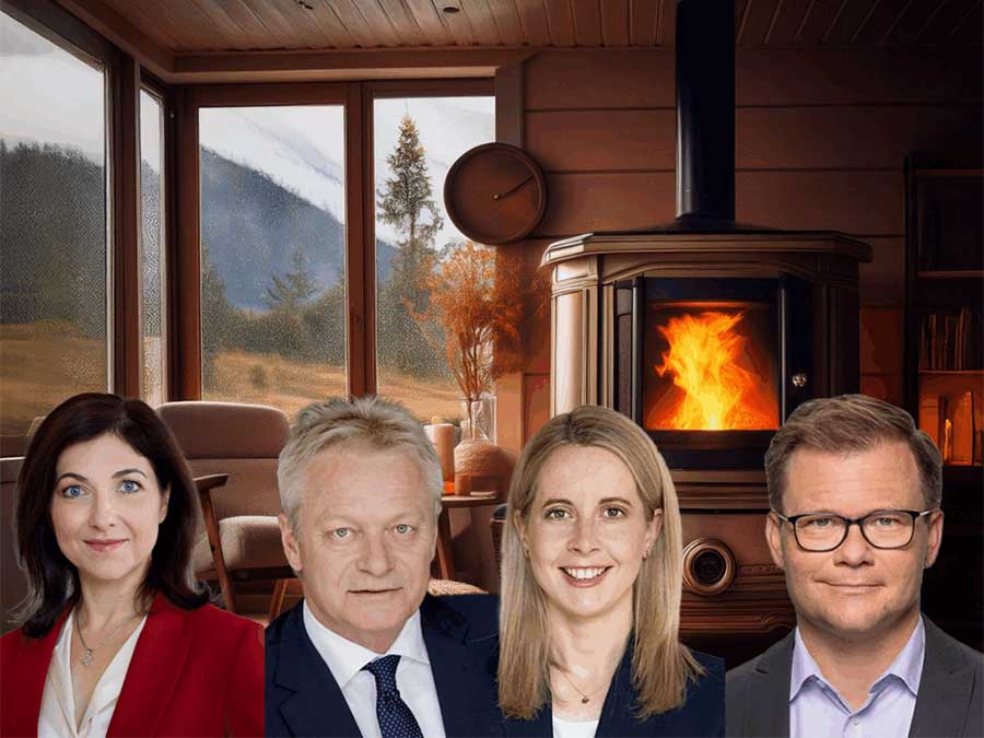 Neue Köpfe in den Berliner Ministerien machen der Initiative #ofenzukunft Mut, den Dialog über das Heizen mit Holz neu anzustoßen. Adressaten sind von links: Katherina Reiche (Wirtschaft und Energie), Alois Rainer (Landwirtschaft), Verena Hubertz (Bauen und Wohnen) sowie Carsten Schneider (Klima und Umwelt). Bild/Collage: Initiative #ofenzukunft